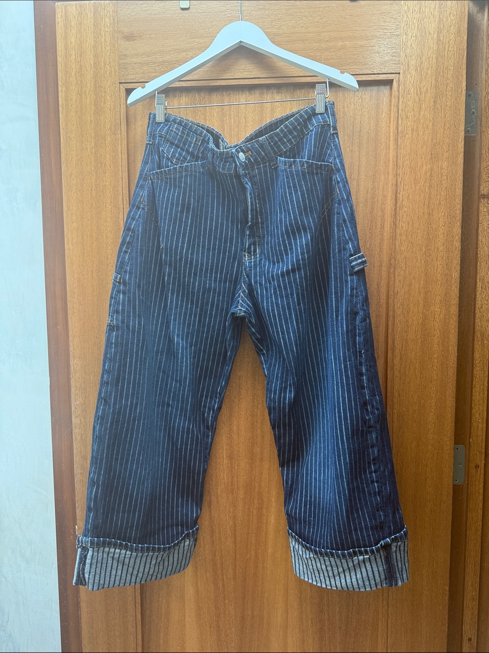 Pilcro Anthropologie Navy Pinstripe Cropped Utility Jeans
